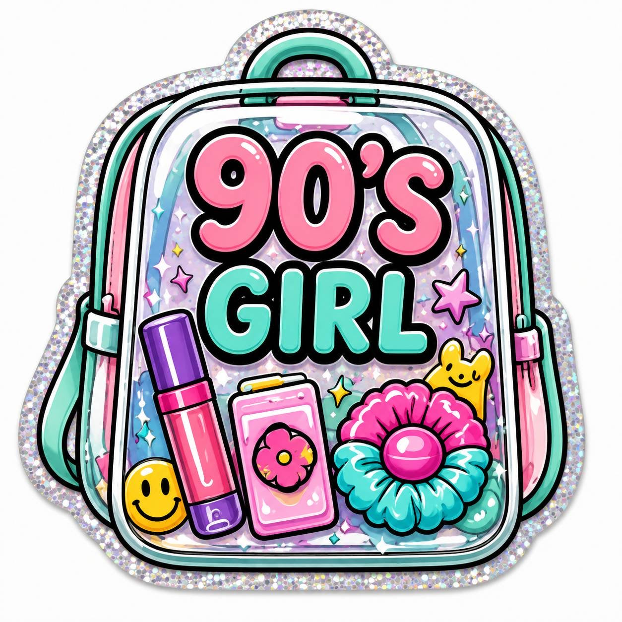 90's Girl Acrylic Flatback featuring retro backpack, lip gloss and scrunchie design
