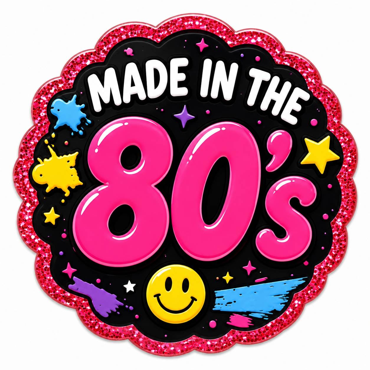 Made In The 80s Acrylic Flatback with Smiley Face and Retro Neon Design