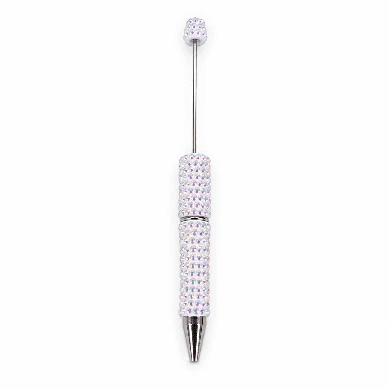 White rhinestone beadable pen with silver hardware and beadable rod for custom pen making