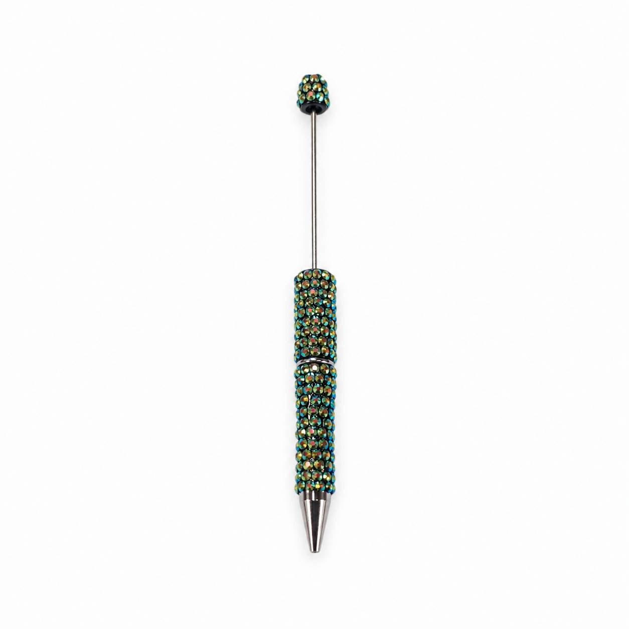 Green rhinestone beadable pen with silver hardware and beadable rod for custom pen making
