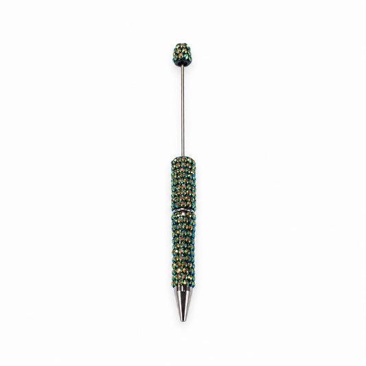 Green rhinestone beadable pen with silver hardware and beadable rod for custom pen making