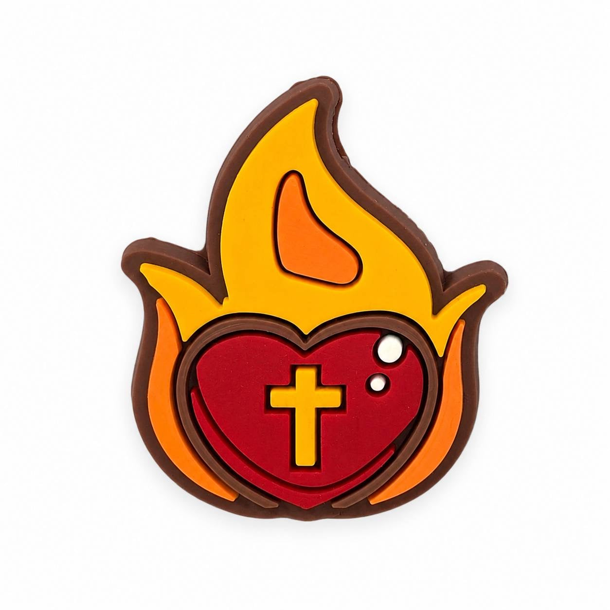 Faith heart flame silicone focal bead featuring a red heart with a cross surrounded by orange and yellow flames