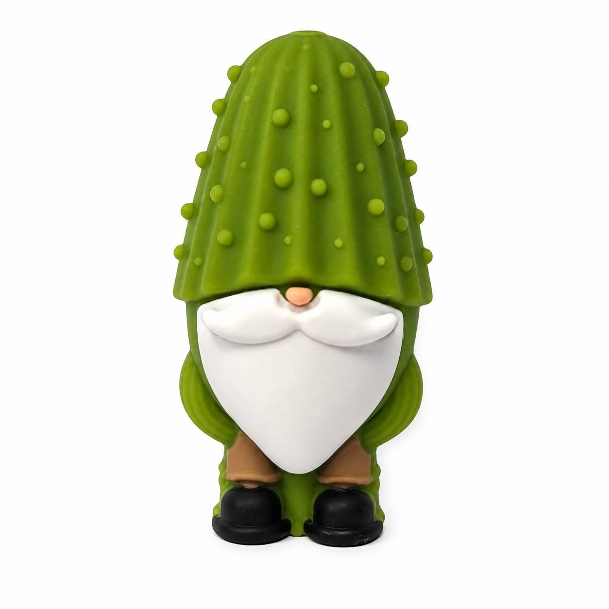 Pickle gnome silicone focal bead featuring a green pickle hat, white beard, and black boots
