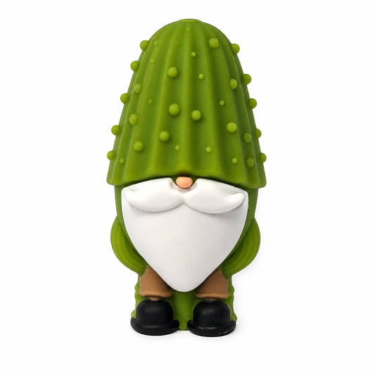 Pickle gnome silicone focal bead featuring a green pickle hat, white beard, and black boots