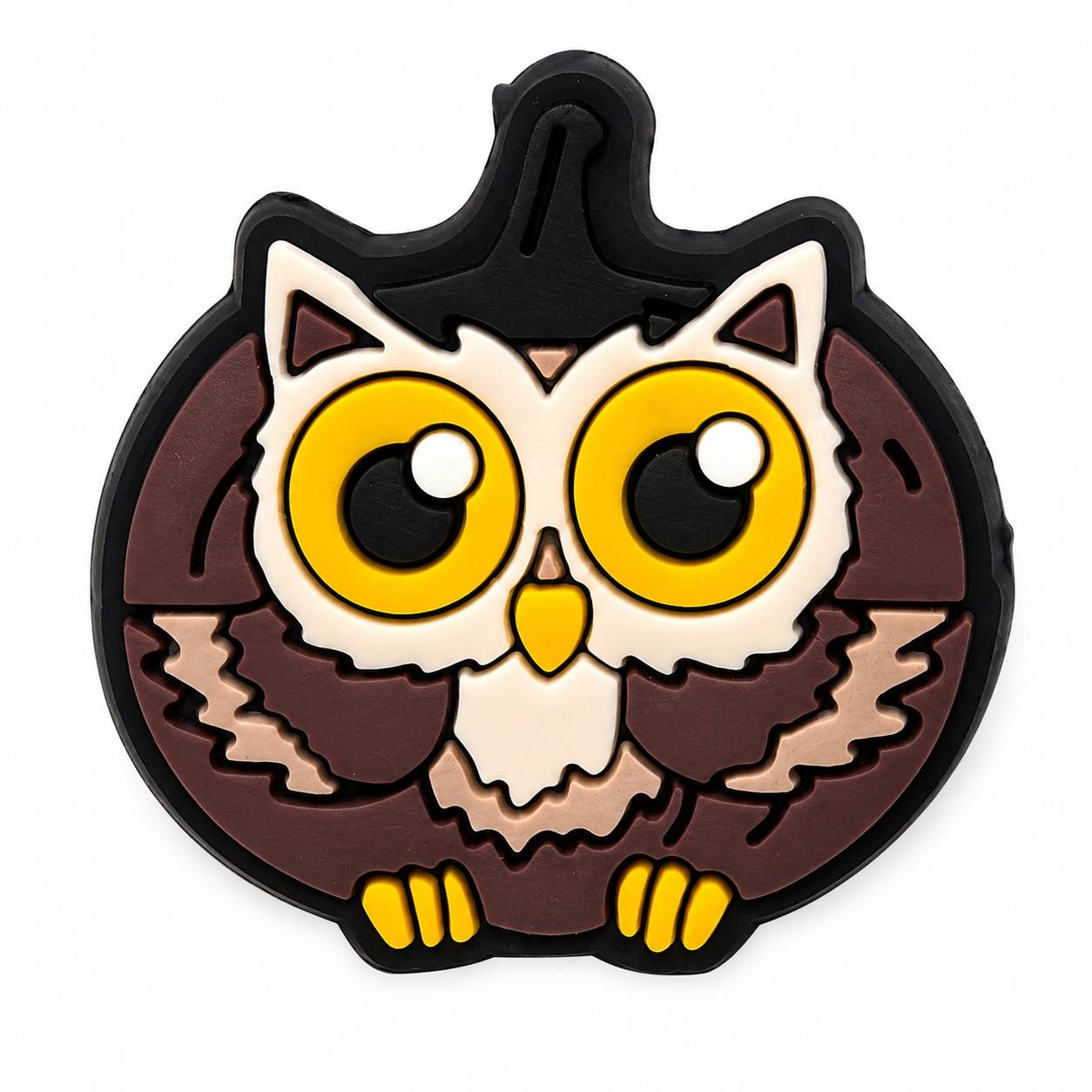 Cute owl pumpkin silicone focal bead featuring a brown owl inside a pumpkin with large yellow eyes