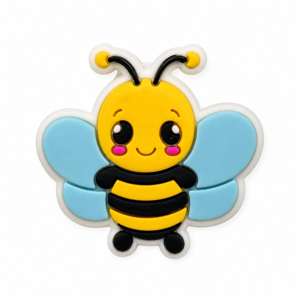 Cute bumble bee silicone focal bead with blue wings, smiling face, and yellow striped body