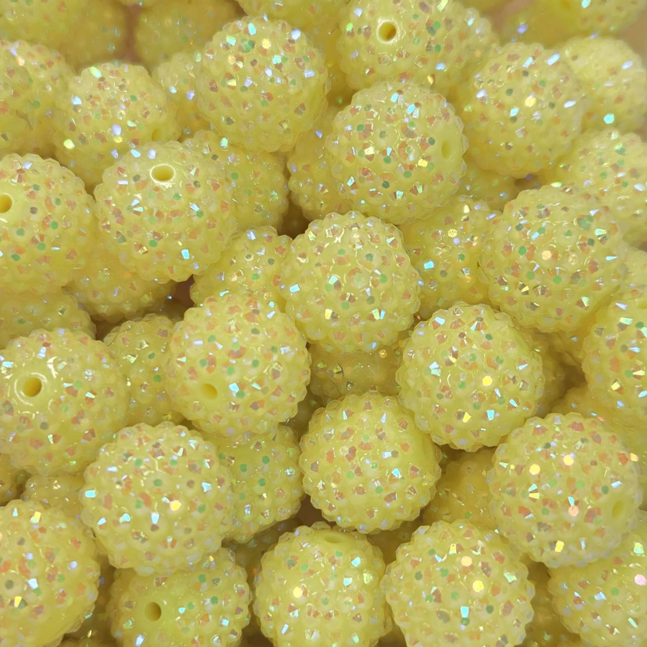 20mm yellow rhinestone acrylic bead with iridescent AB sparkle finish