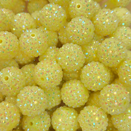 20mm yellow rhinestone acrylic bead with iridescent AB sparkle finish