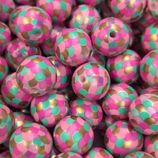 20mm acrylic bead with pink, mint green and metallic gold mermaid scale pattern