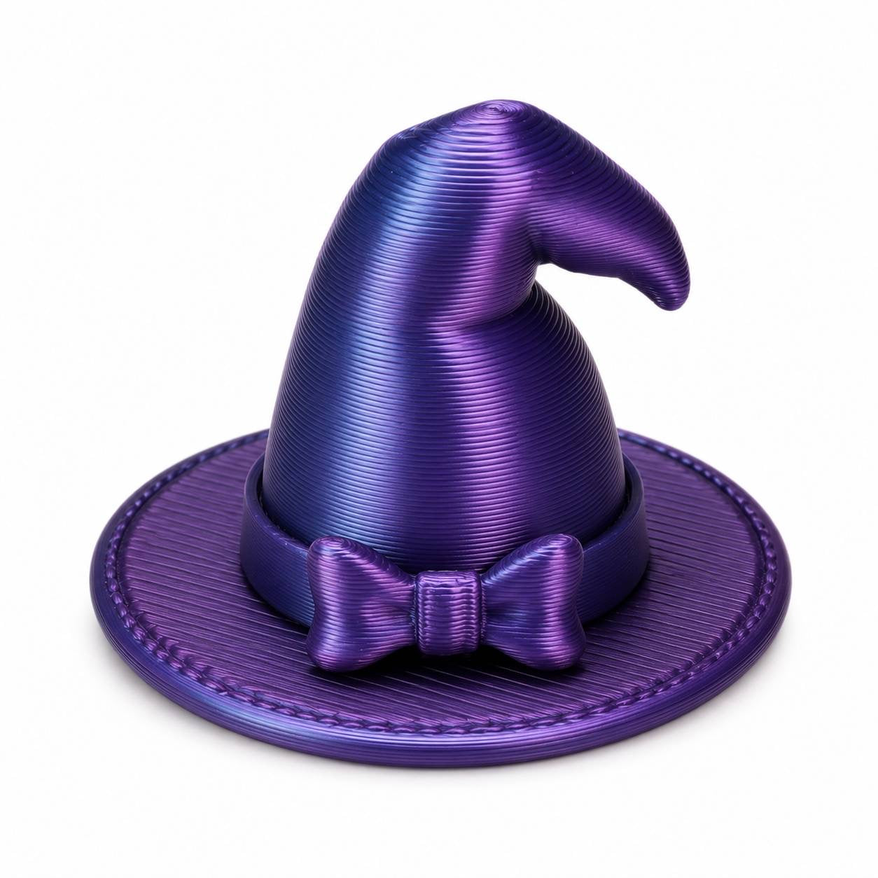 Purple 3D printed witch hat with bow for Halloween crafts, bead embellishments, and DIY projects.