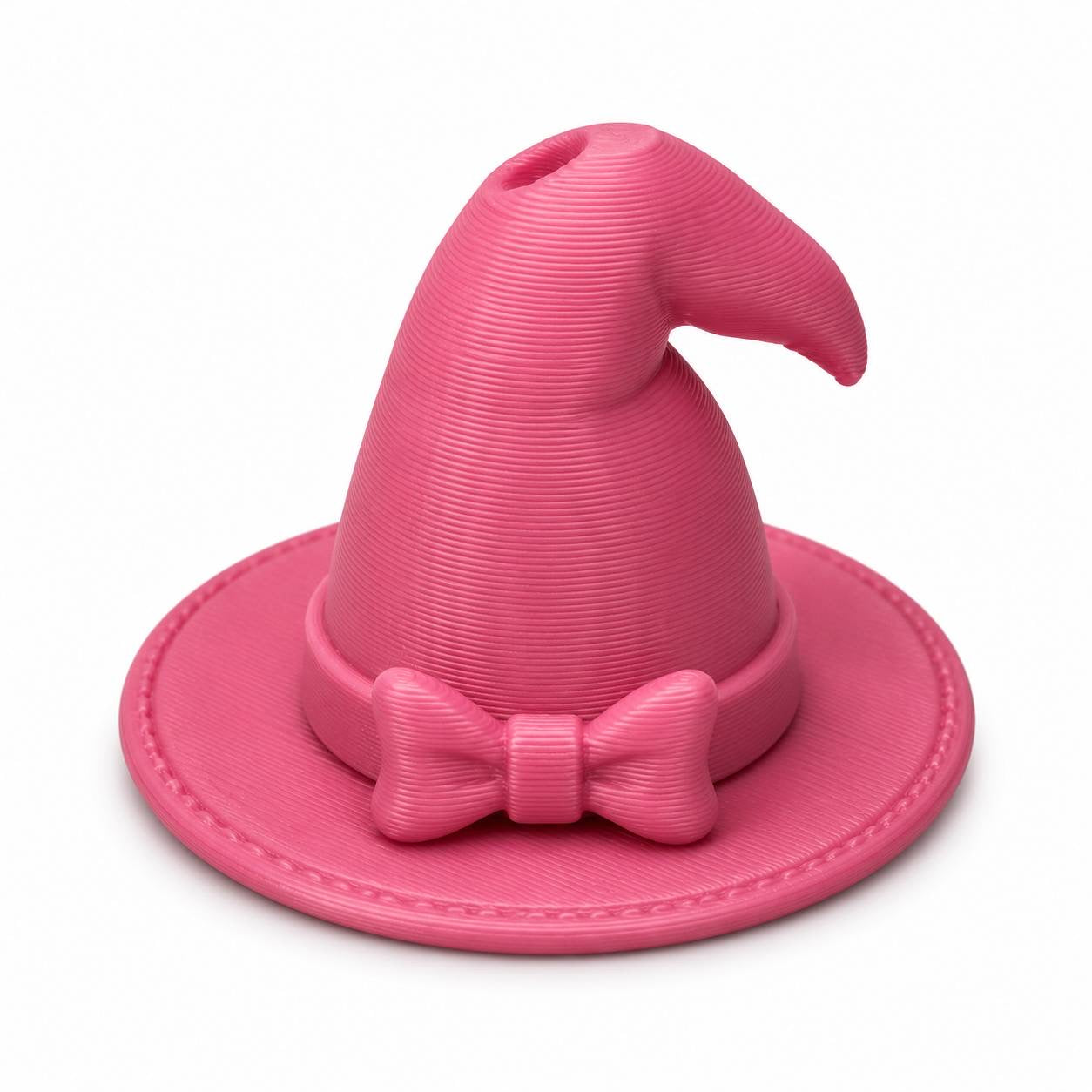 Pink 3D printed witch hat with decorative bow for Halloween crafts and bead projects.