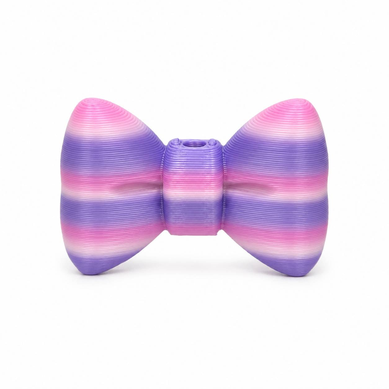 Cotton Candy Swirl 3D Printed Bow featuring pink, lavender, and white stripes by Bailey's Beads for DIY crafts, Pen Palz, badge reels, and keychains.