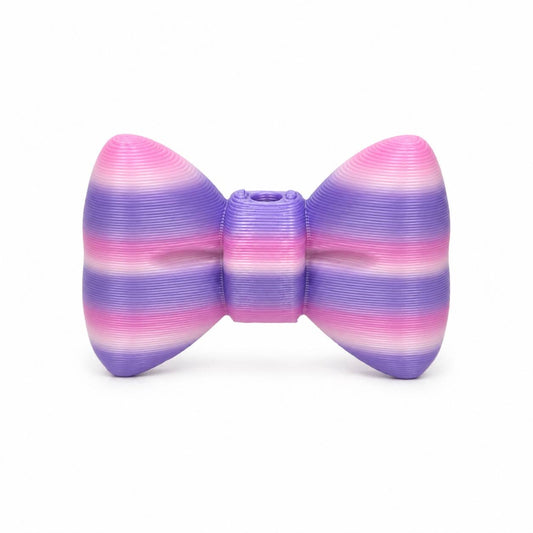 Cotton Candy Swirl 3D Printed Bow featuring pink, lavender, and white stripes by Bailey's Beads for DIY crafts, Pen Palz, badge reels, and keychains.