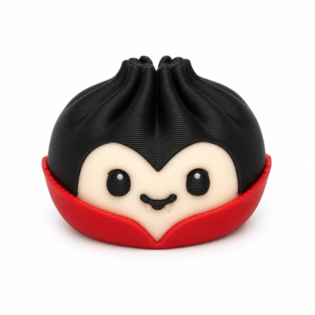 Vamppling Pen Palz vampire-inspired 3D printed bead by Bailey's Beads with a black cape, red collar, and kawaii smile for Halloween crafts.