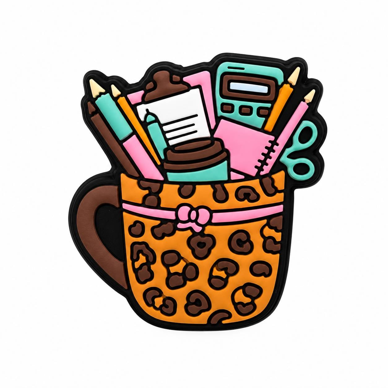 Office Life silicone focal bead featuring a leopard print coffee mug filled with office supplies, notebook, scissors, calculator, pencils, and clipboard.
