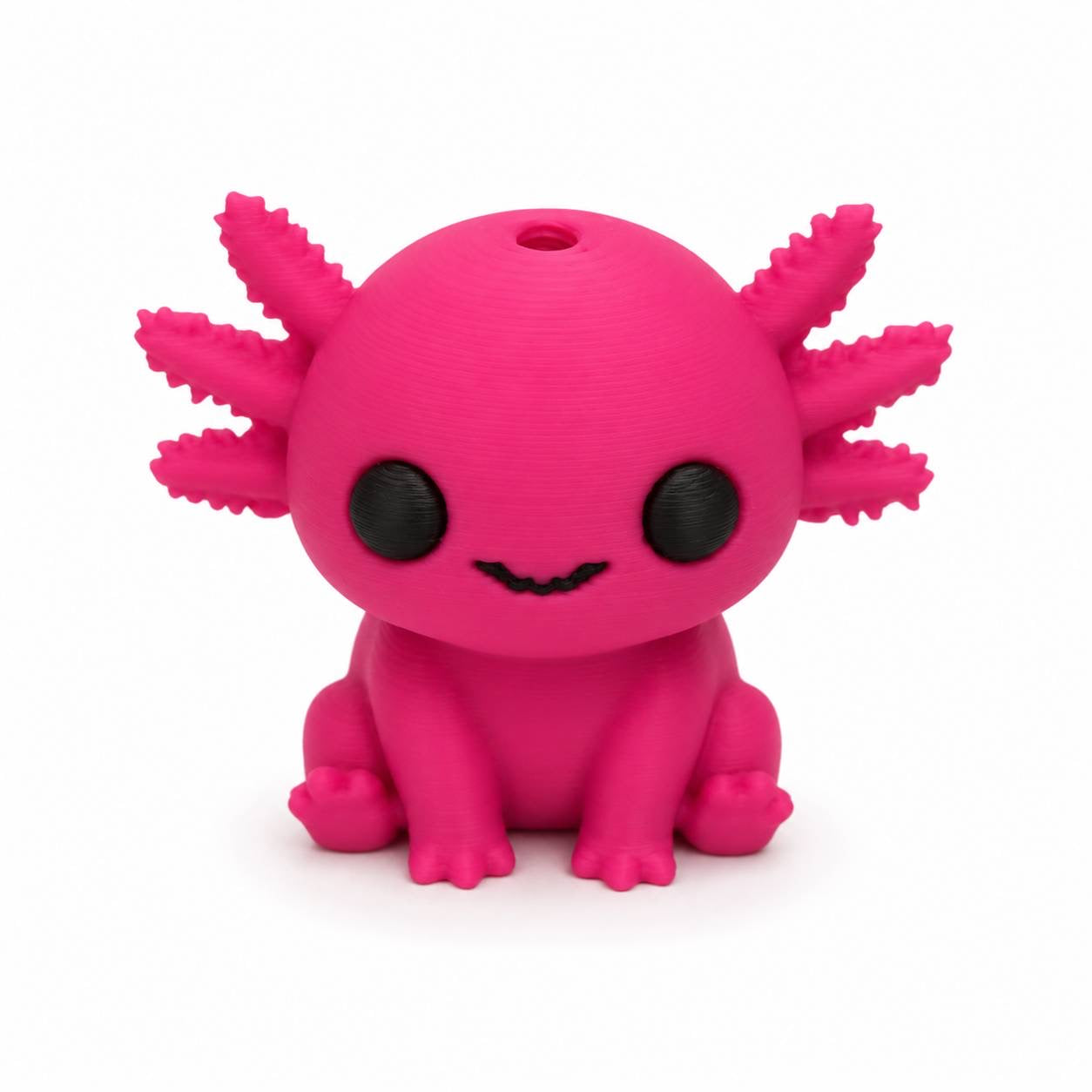 Pink Blinky axolotl Pen Palz 3D printed bead with fluffy frilly gills and a kawaii smile by Bailey's Beads for beadable pens, keychains, badge reels, and DIY crafts.