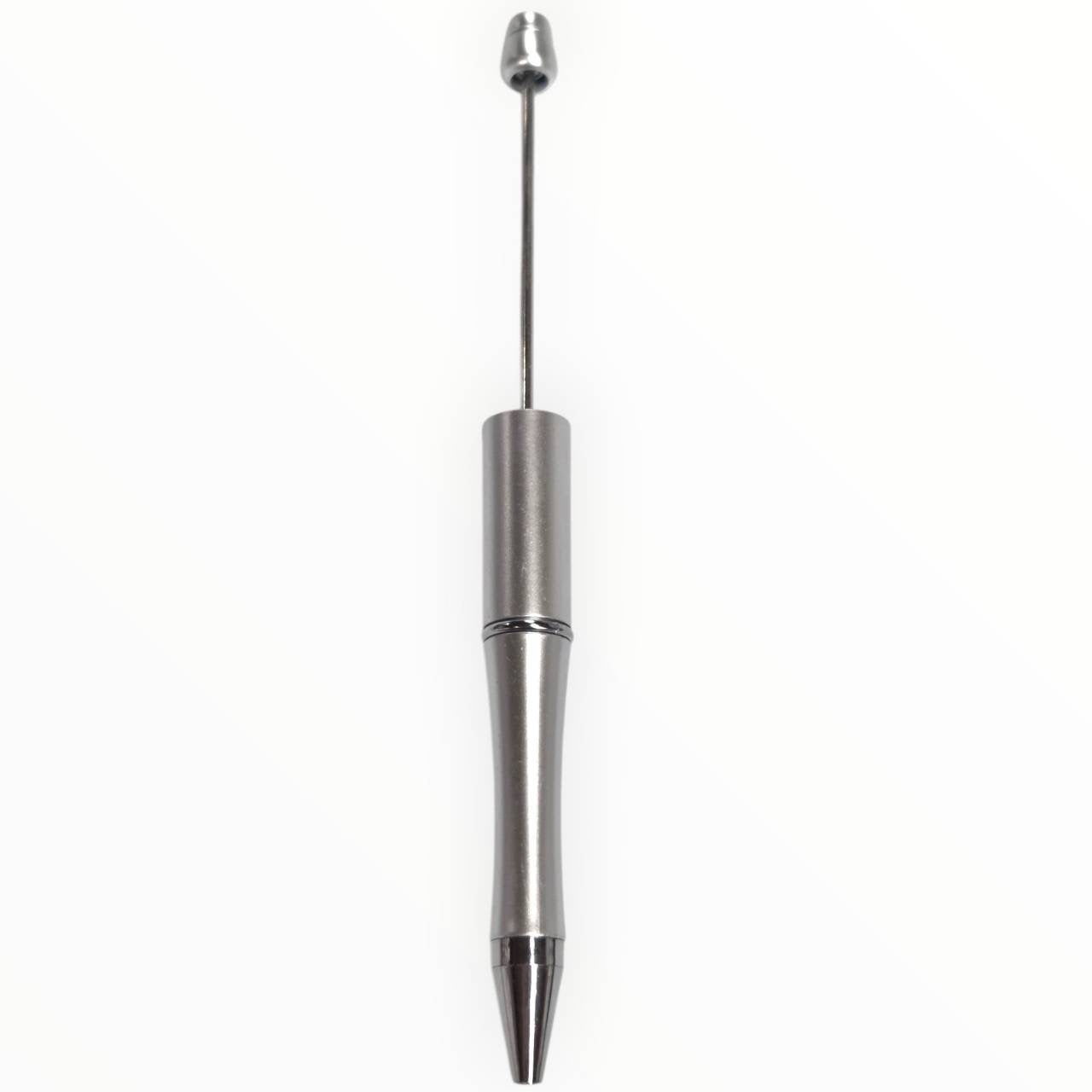 Silver beadable pen with satin finish and gunmetal hardware for DIY beaded pen projects.