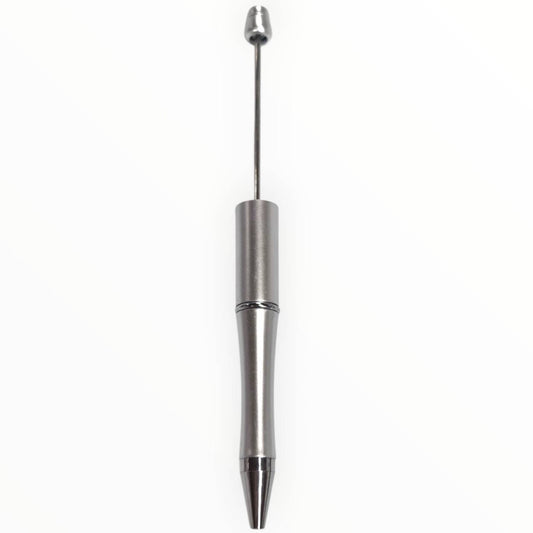 Silver beadable pen with satin finish and gunmetal hardware for DIY beaded pen projects.