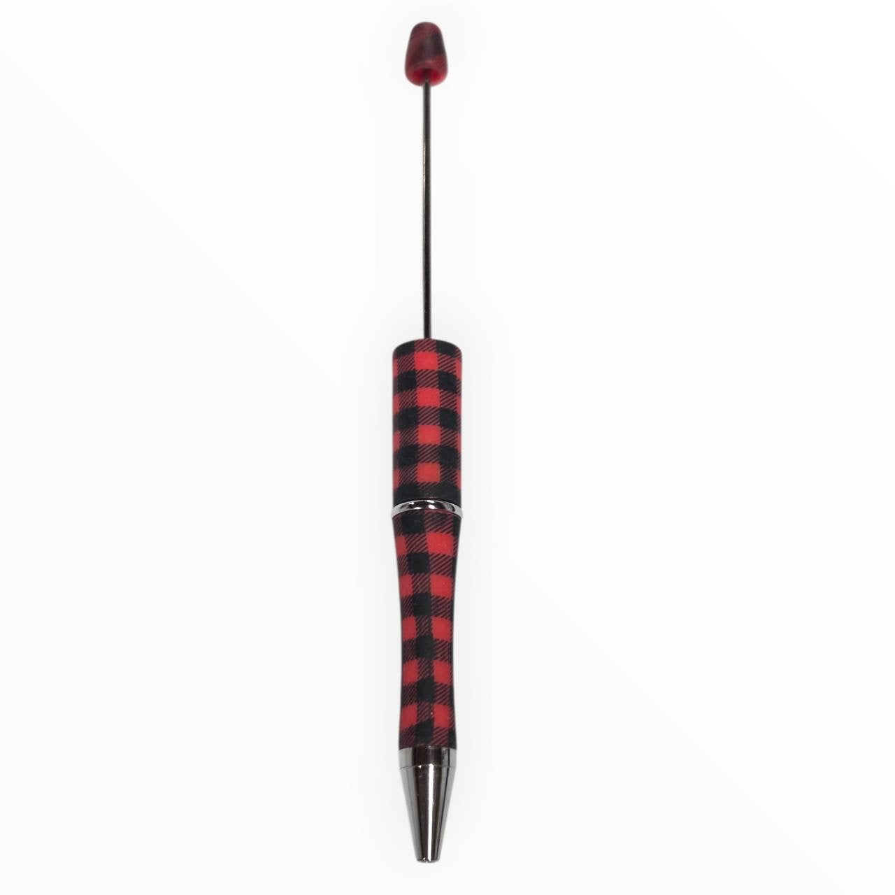 Buffalo plaid beadable pen with classic red and black check pattern and gunmetal hardware for DIY beaded pen projects.