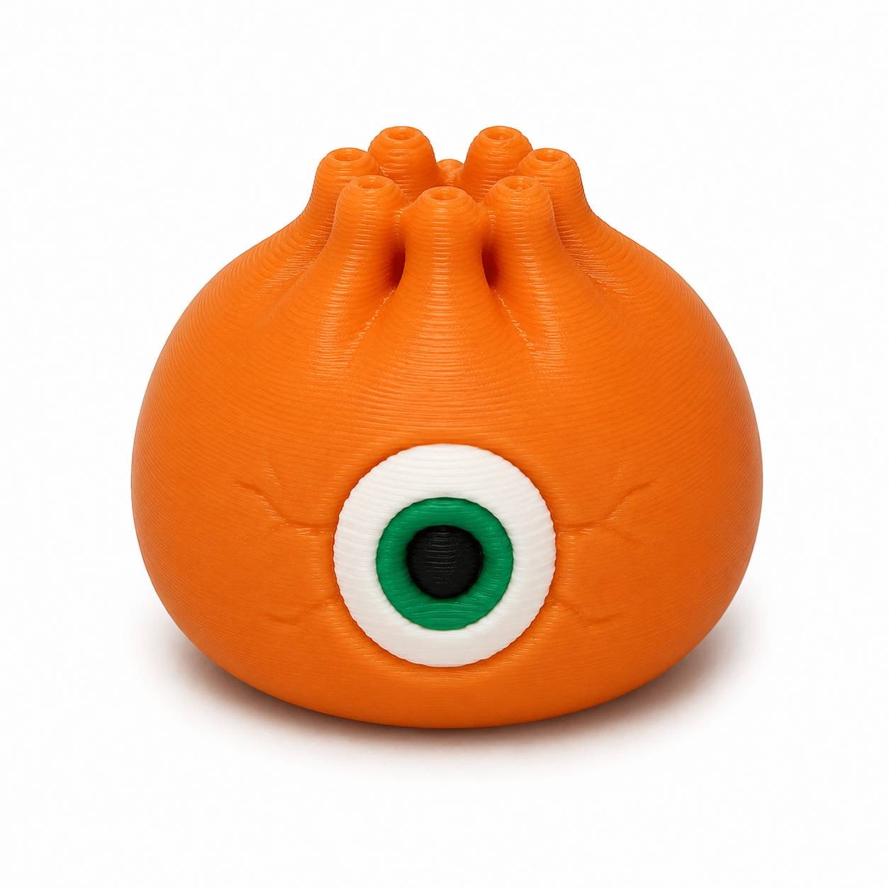 Orange Peepers one-eyed monster Dumpling Pen Palz 3D printed bead with a large green eye by Bailey's Beads for Halloween beadable pens, keychains, badge reels, and DIY crafts.