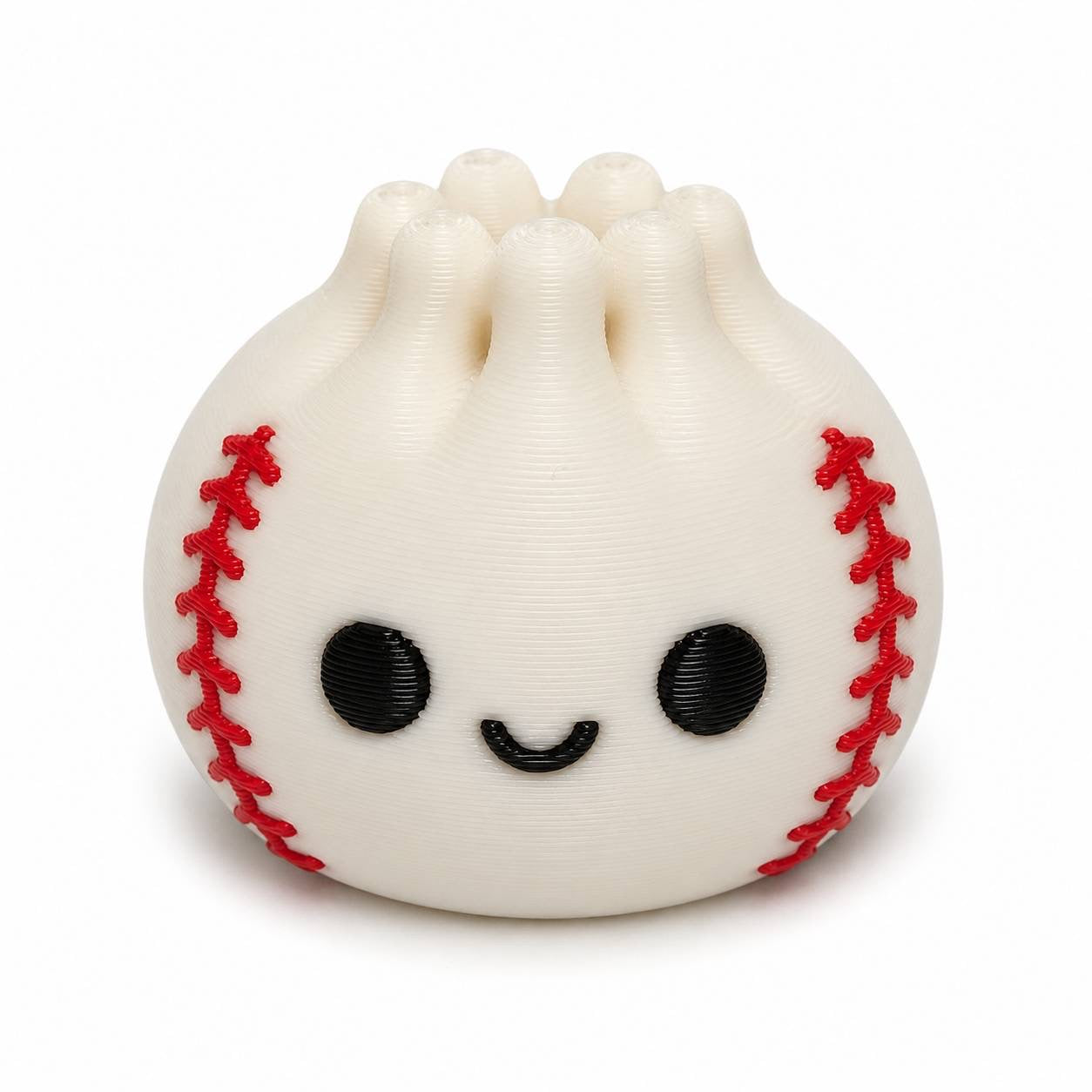 White Slugger Dumpling Pen Palz 3D printed baseball-inspired bead with classic red stitching and a kawaii smile by Bailey's Beads for beadable pens, keychains, badge reels, and DIY crafts.