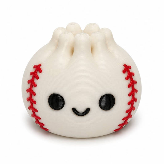 White Slugger Dumpling Pen Palz 3D printed baseball-inspired bead with classic red stitching and a kawaii smile by Bailey's Beads for beadable pens, keychains, badge reels, and DIY crafts.