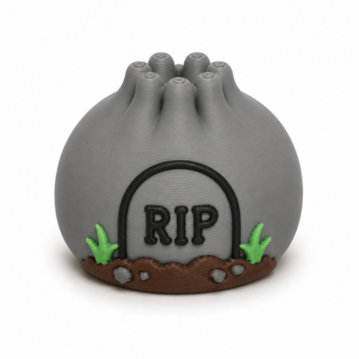 Gray Rest In Peace Dumpling Pen Palz 3D printed bead featuring a cute RIP tombstone with grass accents by Bailey's Beads for Halloween beadable crafts.