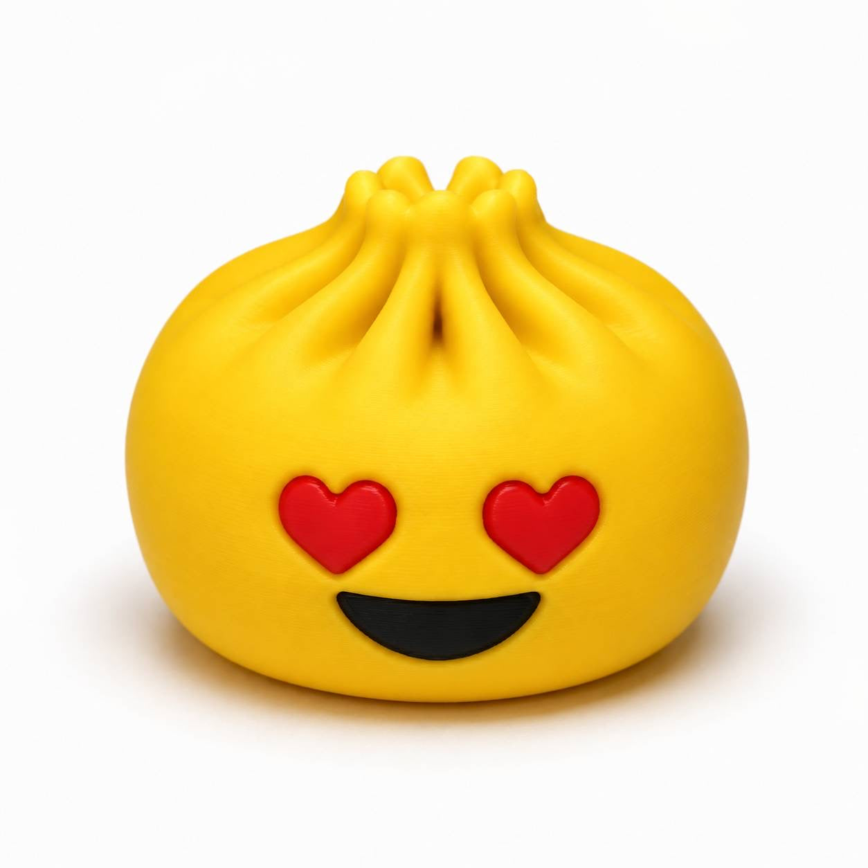 Yellow Heart Eyes Dumpling Pen Palz 3D printed bead with bright red heart-shaped eyes, a smiling face, and a cute kawaii expression.