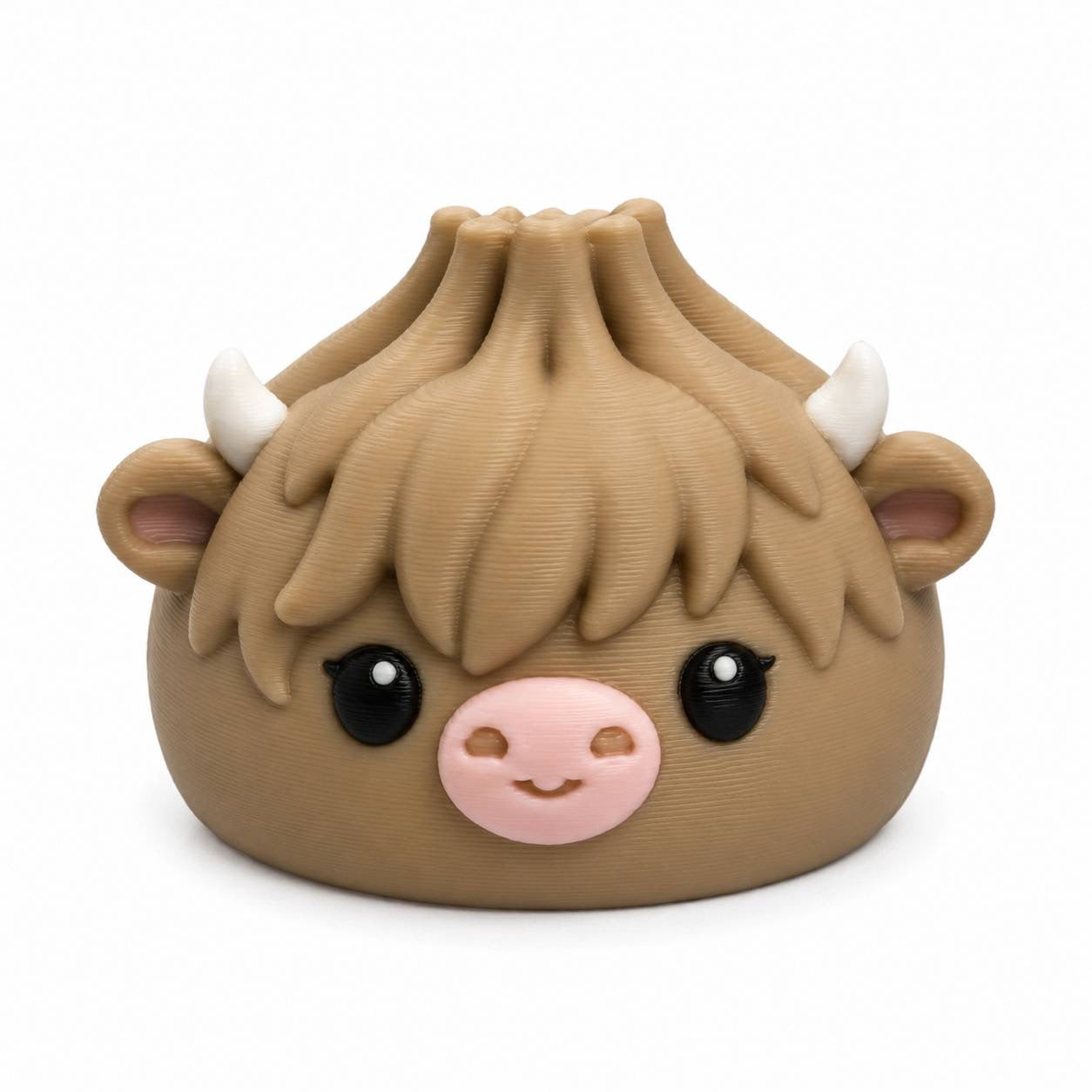 Honey tan Highland cow 3D printed bead with fluffy hair and pink snout