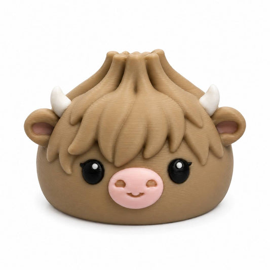 Honey tan Highland cow 3D printed bead with fluffy hair and pink snout