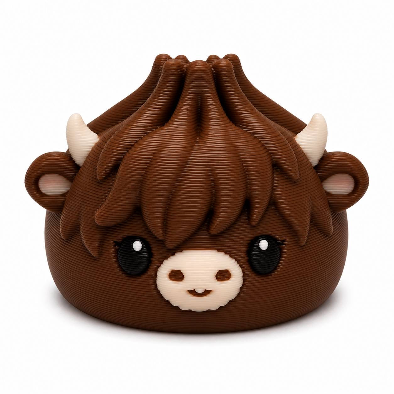 Cocoa chocolate brown Highland cow 3D printed bead with shaggy hair and cute face