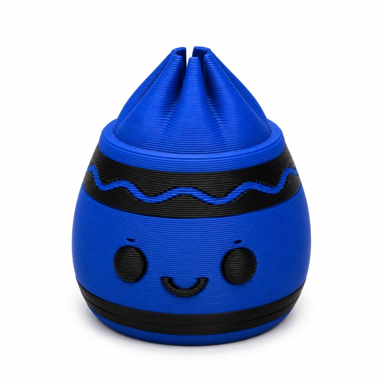 Blue and black crayon-inspired Dumpling 3D printed bead with cute smiling face