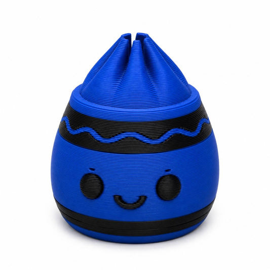 Blue and black crayon-inspired Dumpling 3D printed bead with cute smiling face
