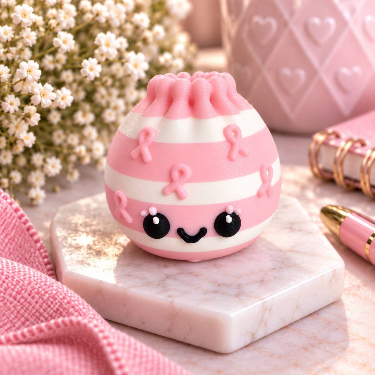 Hope in Every Stripe pink and white 3D printed Dumpling bead decorated with pink awareness ribbons and a cute smiling face