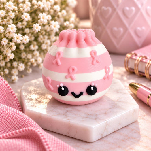 Hope in Every Stripe pink and white 3D printed Dumpling bead decorated with pink awareness ribbons and a cute smiling face