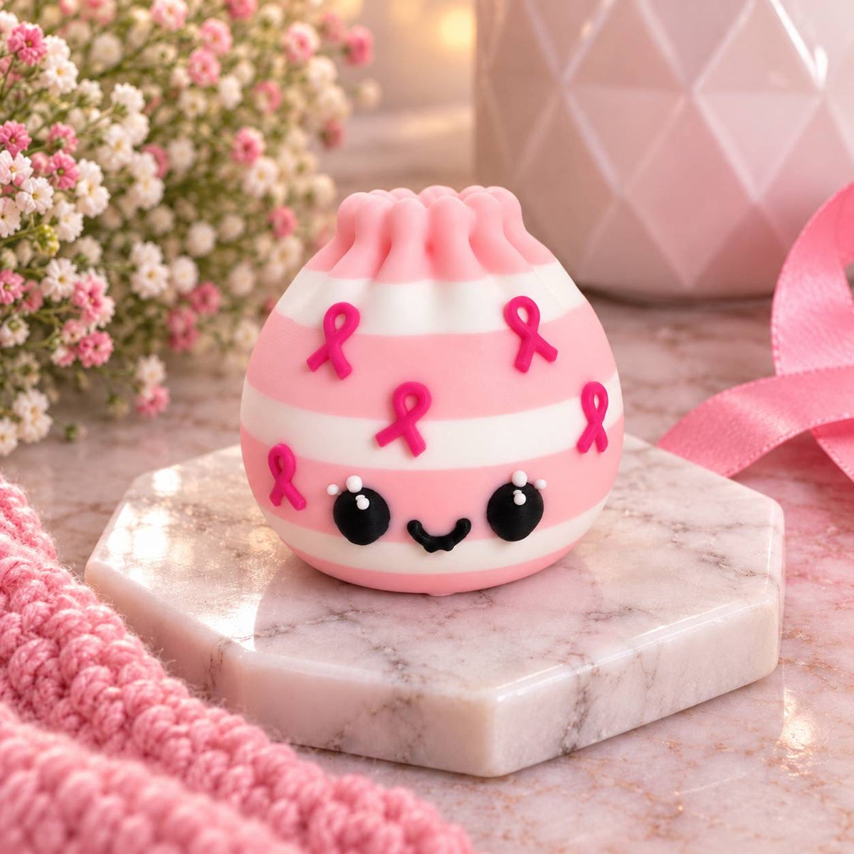 Wrapped in Hope pink and white striped 3D printed Dumpling bead with bright pink awareness ribbons and cute face