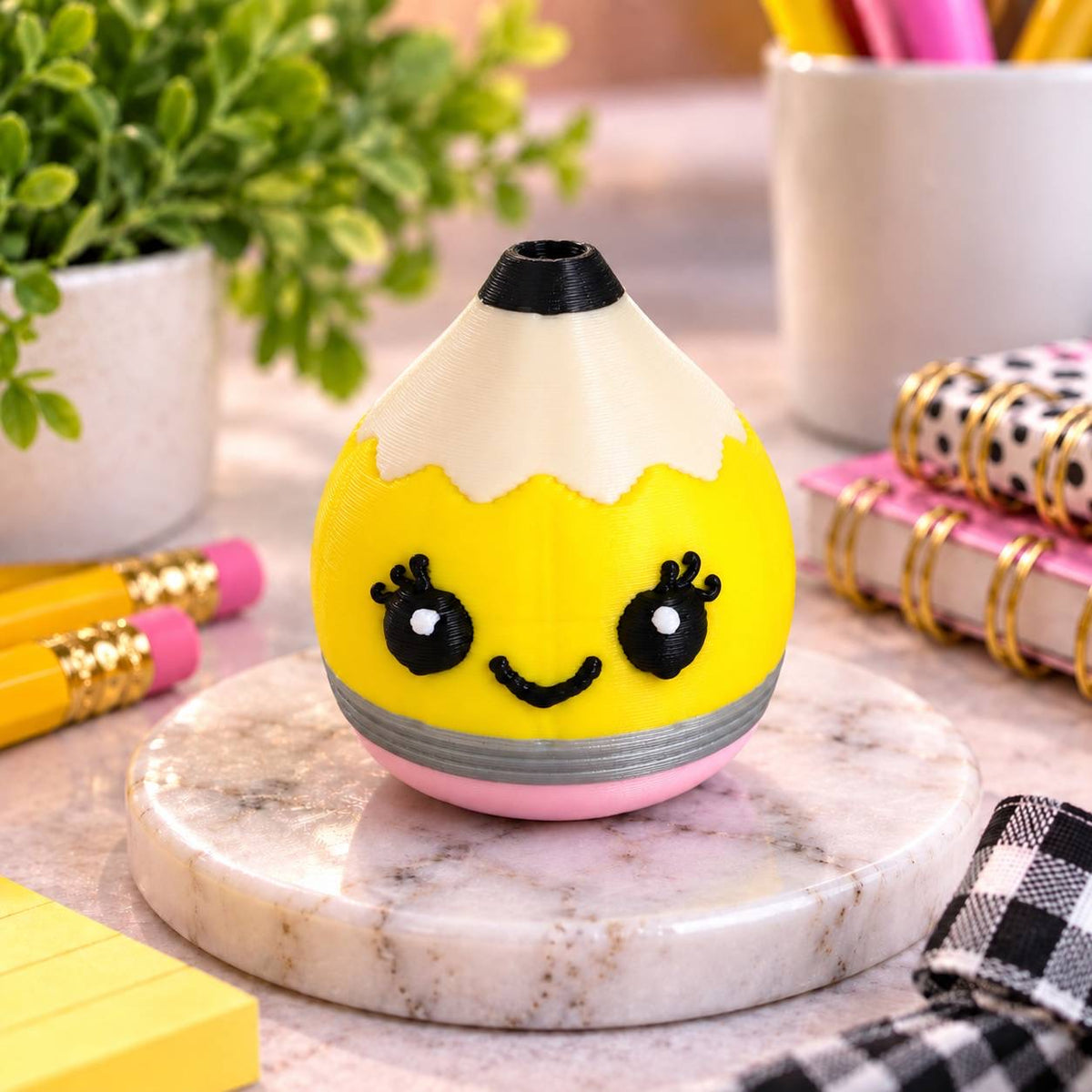 Mini Pencil Dumpling 3D printed bead with yellow pencil body, pink eraser and cute smiling face
