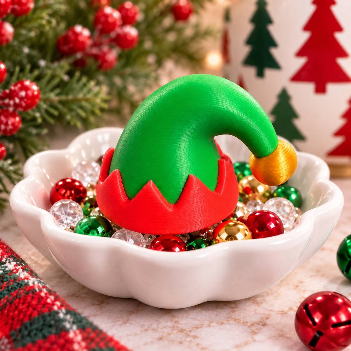 Jingle Elf Hat green and red 3D printed Christmas bead with gold bell detail