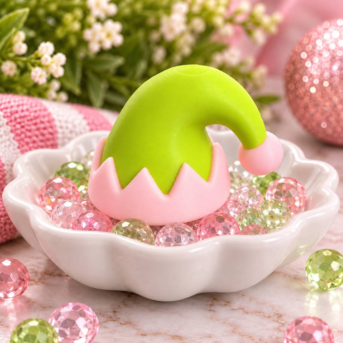 Sugarplum lime green and pink elf hat 3D printed Christmas bead with pink bell detail