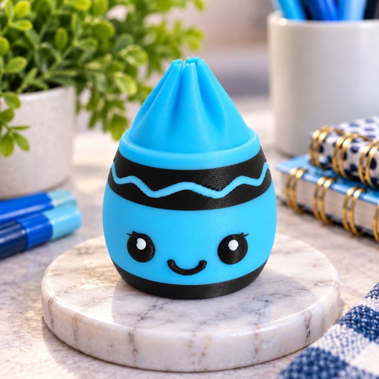 Blue Doodle Dumpling blue crayon-inspired 3D printed bead with black wrapper details and cute smiling face
