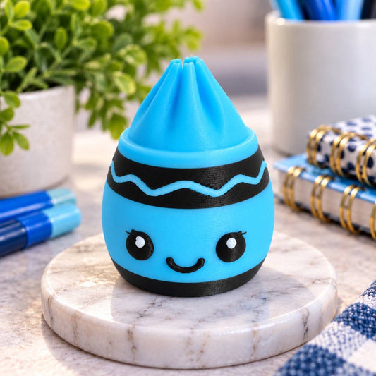 Blue Doodle Dumpling blue crayon-inspired 3D printed bead with black wrapper details and cute smiling face