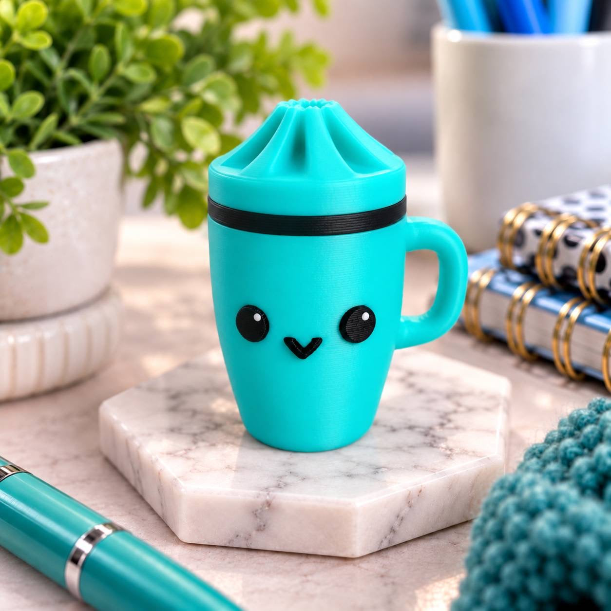 Teal Sips aqua tumbler-style 3D printed bead with handle, black accent and cute smiling face