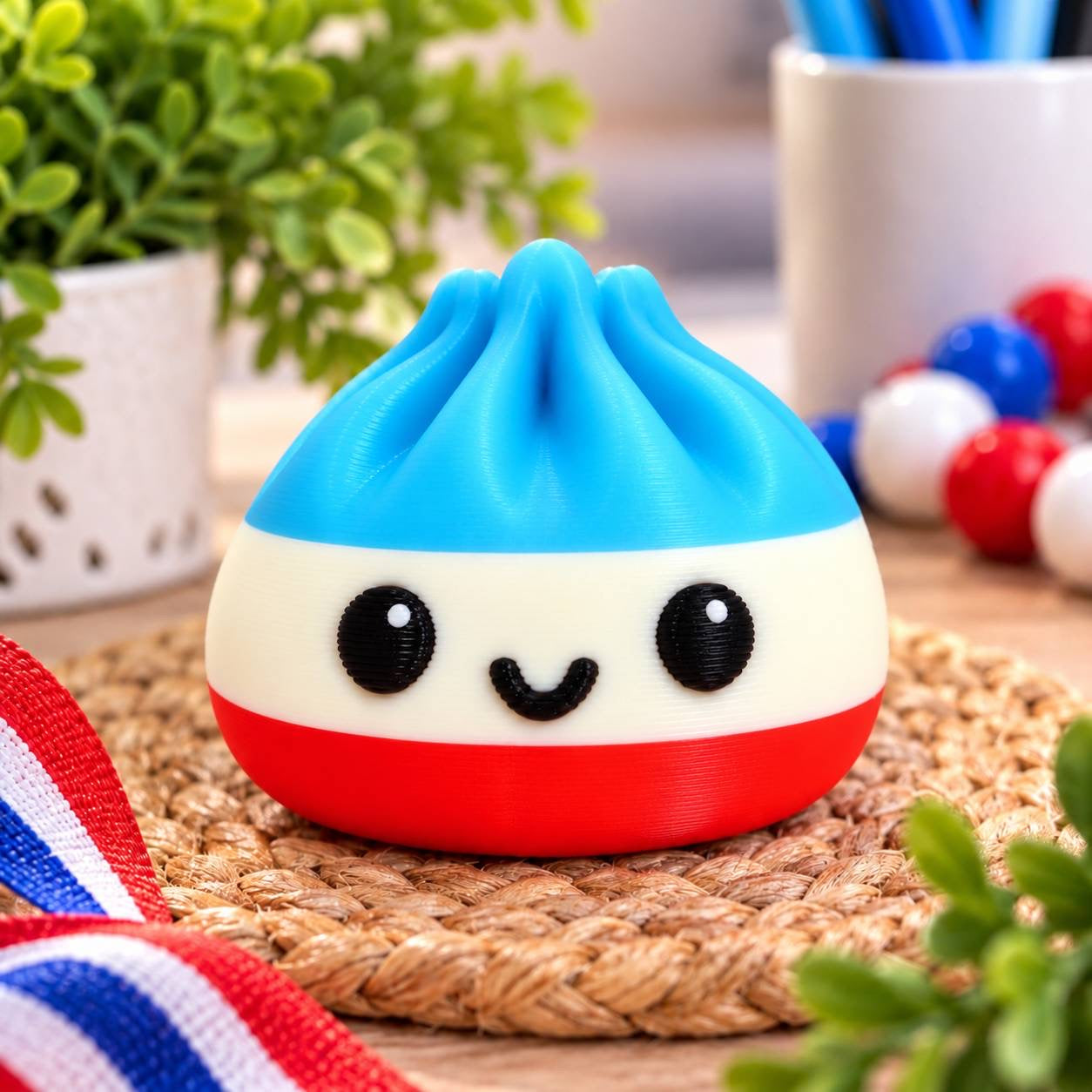 Star Spangled Dumpling red white and blue patriotic 3D printed bead with cute smiling face