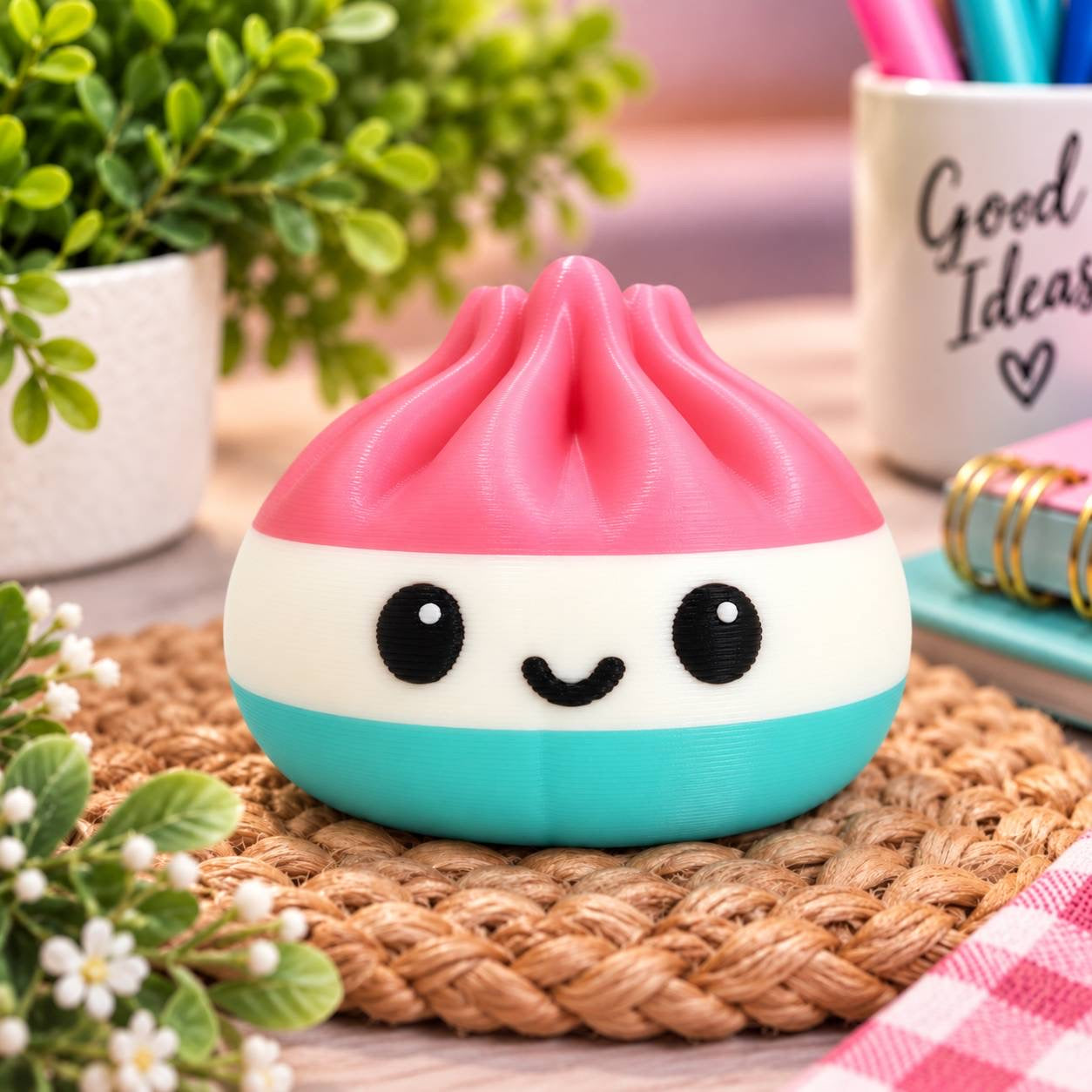 Cotton Candy Stripe pink white and aqua 3D printed Dumpling bead with cute smiling face