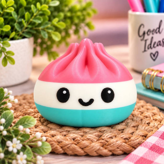 Cotton Candy Stripe pink white and aqua 3D printed Dumpling bead with cute smiling face
