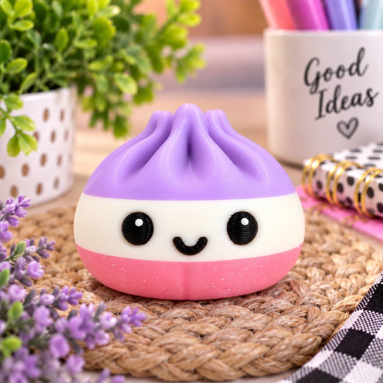 Sugar Plum Stripe lavender white and sparkly pink 3D printed Dumpling bead with cute smiling face