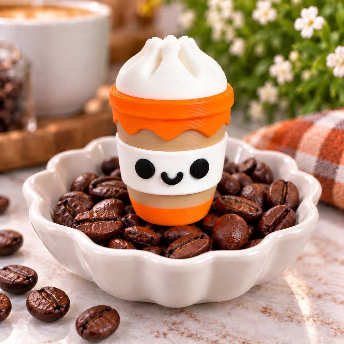 Pumpkin Spice Sips fall coffee cup 3D printed bead with orange and tan details, whipped cream top and cute smiling face