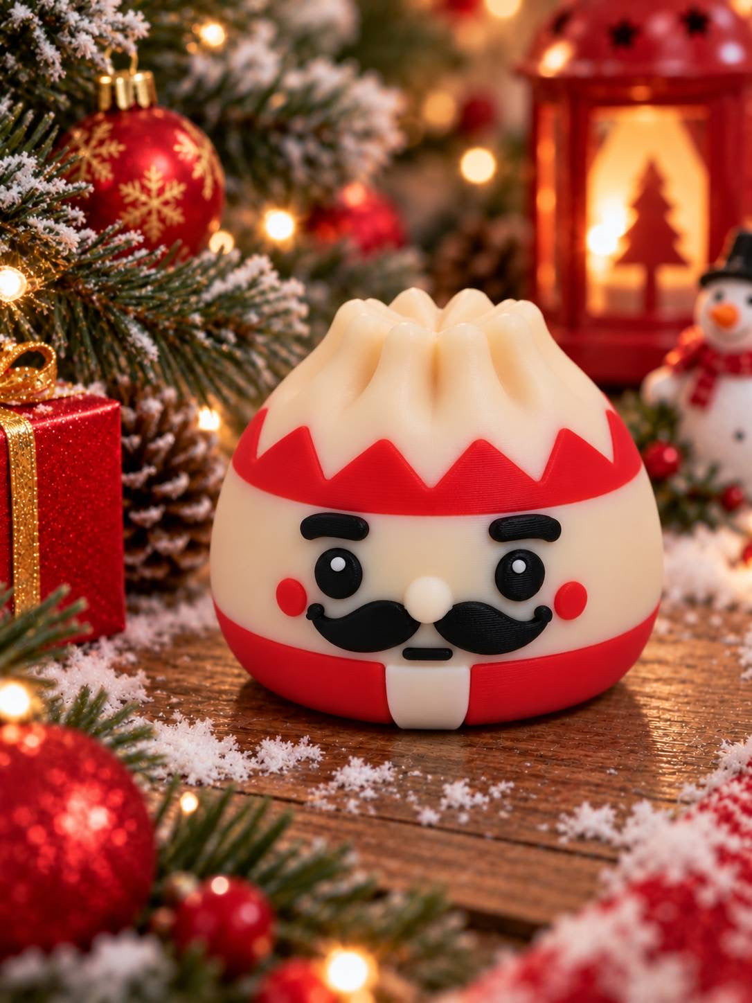 Nutcrackling nutcracker-inspired 3D printed Christmas Dumpling bead with red uniform, black mustache and rosy cheeks