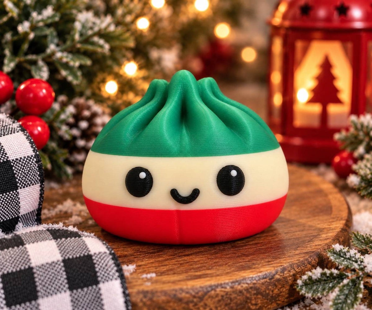 Merry and Bright red cream and green Christmas 3D printed Dumpling bead with cute smiling face