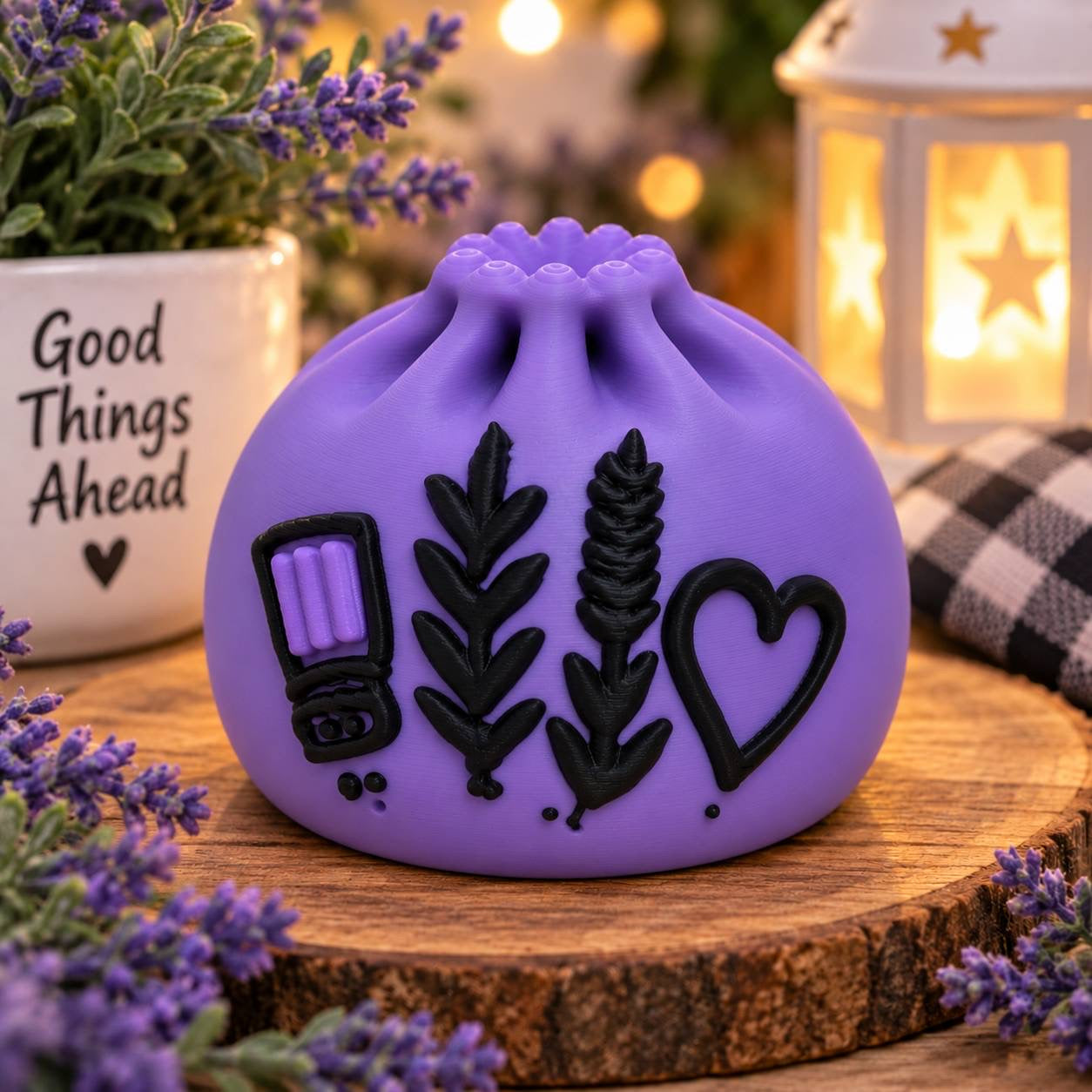 Midnight Magic purple 3D printed Dumpling bead with black botanical sprigs, small bottle and heart details